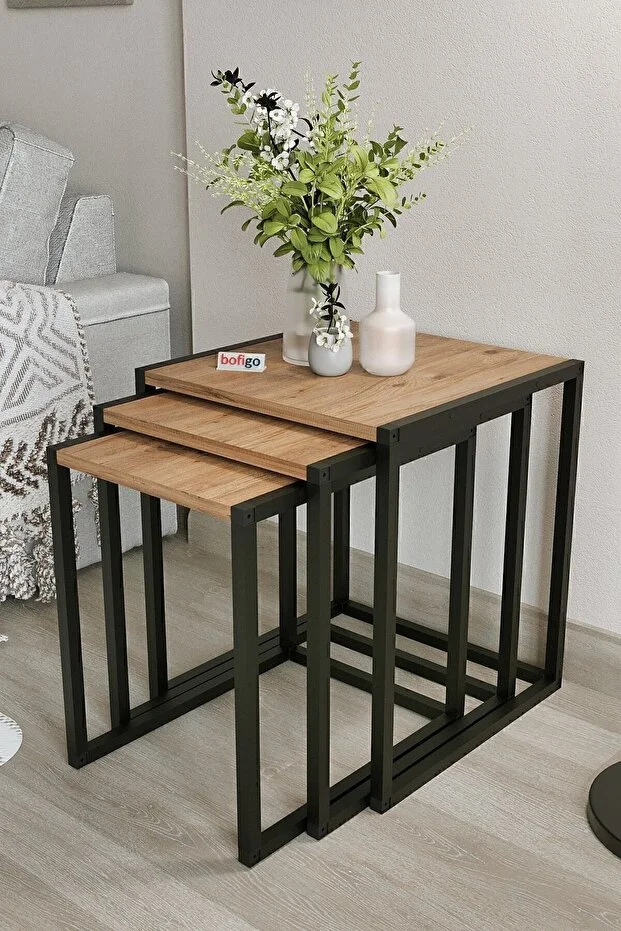 3'lü Metal Zigon Sehpa Zigon Sehpa Orta Sehpa Yan Sehpa Çam